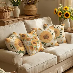 Set of 4 Decorative Spring Wreath Pillow Covers - Sunflower Floral & Daisy Pattern Linen Cushion Case for Farmhouse Decor Room Bedroom Sofa Chair Car 0126YE