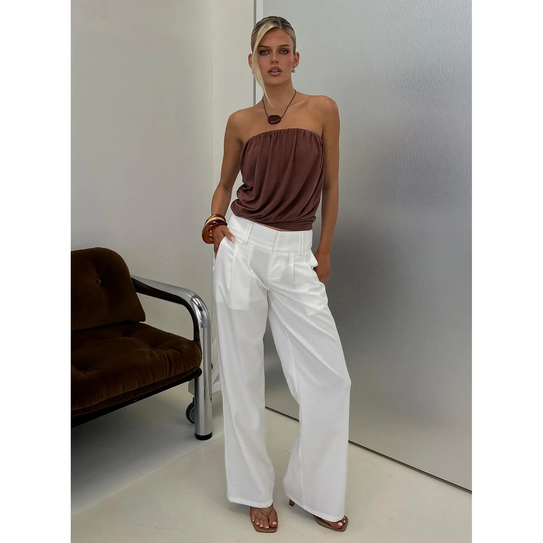 Two Lovers Linen Low Rise Pants White