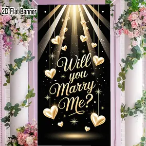 2D flat banner, 1pcWill You Marry Me Proposal Backdrop, Golden Heart Sparkle Decor for Romantic Marriage Event, Black Background Party Banner