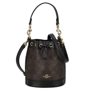 COACH Dempsey 15 Mini Bucket Bag for Women – PVC and Leather Blend, Drawstring Closure, Deep Brown