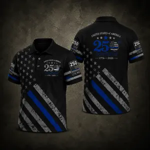 USA 250th Anniversary Polo Shirt, 1776-2026 Thin Blue Line Patriotic American Flag Golf Polo, Independence Day Shirt