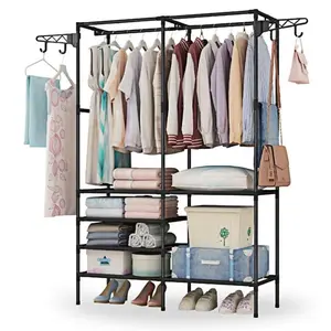 Metal Garment Rack Shoe Clothing Organizer Freestanding Multifunctional Clothes Wardrobe