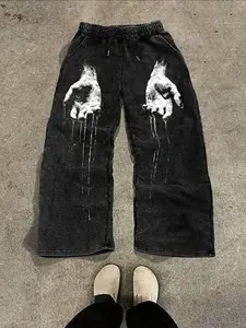 Men's Trendy Long Pants, Y2K Gothic Drop Handprint Sportswear, Dark Aesthetic Loose Fit, Punk Rock Streetwear, Perfect for Avant-Garde