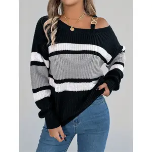 Women’s winter striped sweater with lantern sleeves, metal buckle design, long-sleeve off-shoulder pullover, casual fashion outerwear