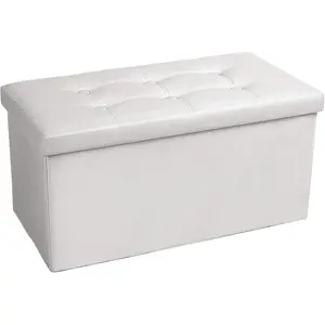 Ottoman Bench with Storage - 30x15x15in Folding Leather Ottoman, Rectangle Foot Stool Foldable Storage Chest Footrest Footstool Collapsible with Lid for Bedroom Living Room White
