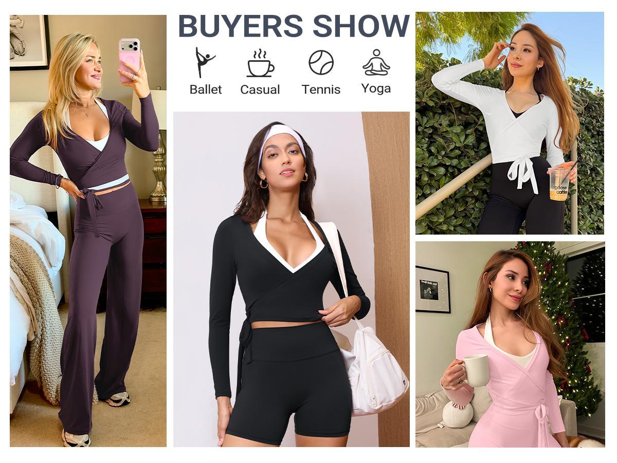 YEOREO Flattering V Neck Wrap Crop Top Long Sleeve Yoga Tie Shirt Breathable Pilates Ballet Workout Tops Athleisure Fashion
