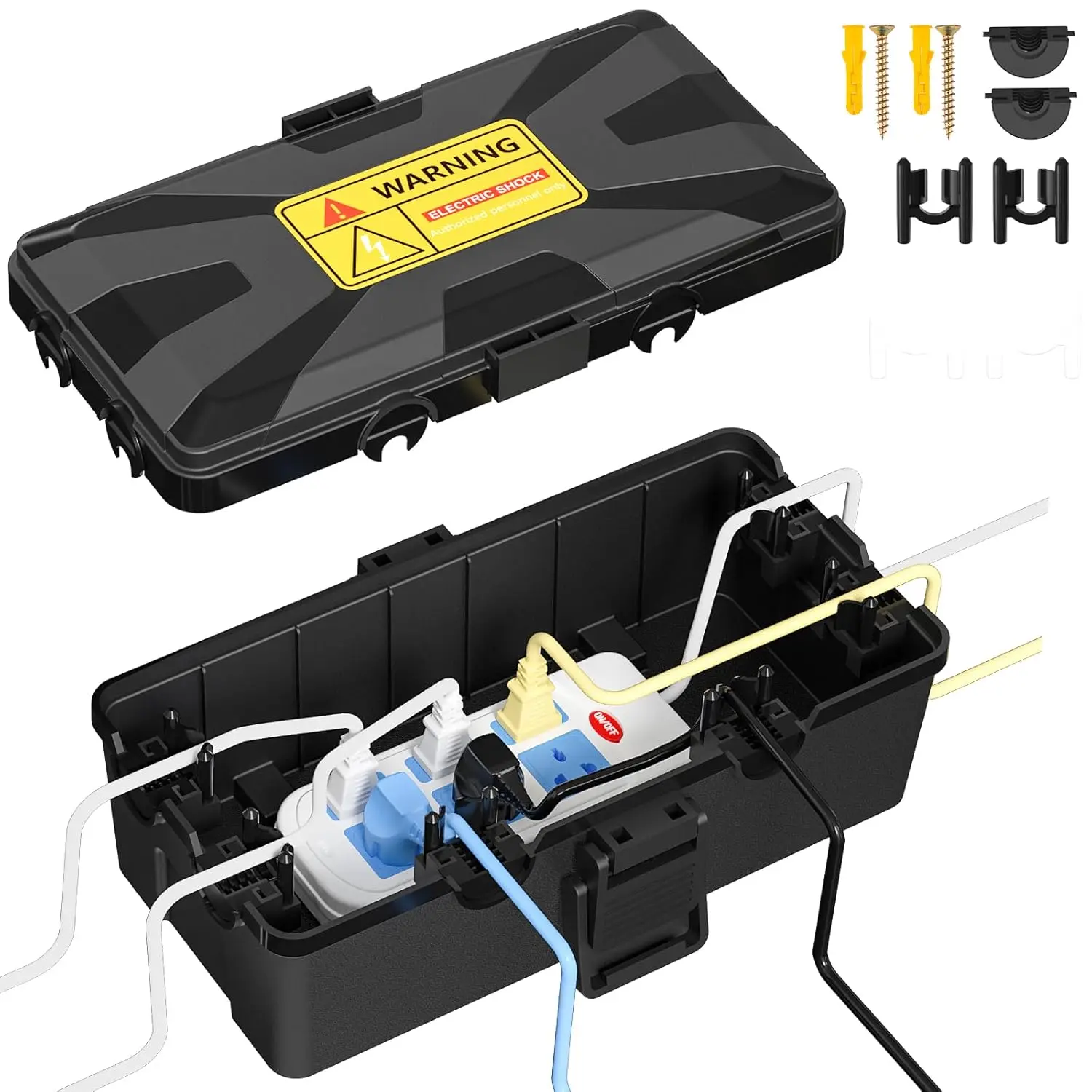 IP54 Waterproof Outdoor Electrical Outlet Box Cover with Clamps & 6 Cable Entry Ports, 10.3x5.9x3.7in Weatherproof Connection Box for Camping, Outside Electronics, Power Strip, Light Plug Extensions