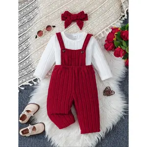 Baby Girl Sweet Set, Knit Long Sleeve Top, Bib Pants & Bow Hair Clip, Vintage Elegance, Perfect for 6-24 Months, Baby Clothing