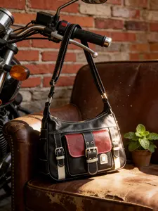 Women's Vintage Motorcycle Shoulder Bag, Colorblock Faux Leather Underarm Bag, Buckle Detail, Millennium Style Crossbody Bag