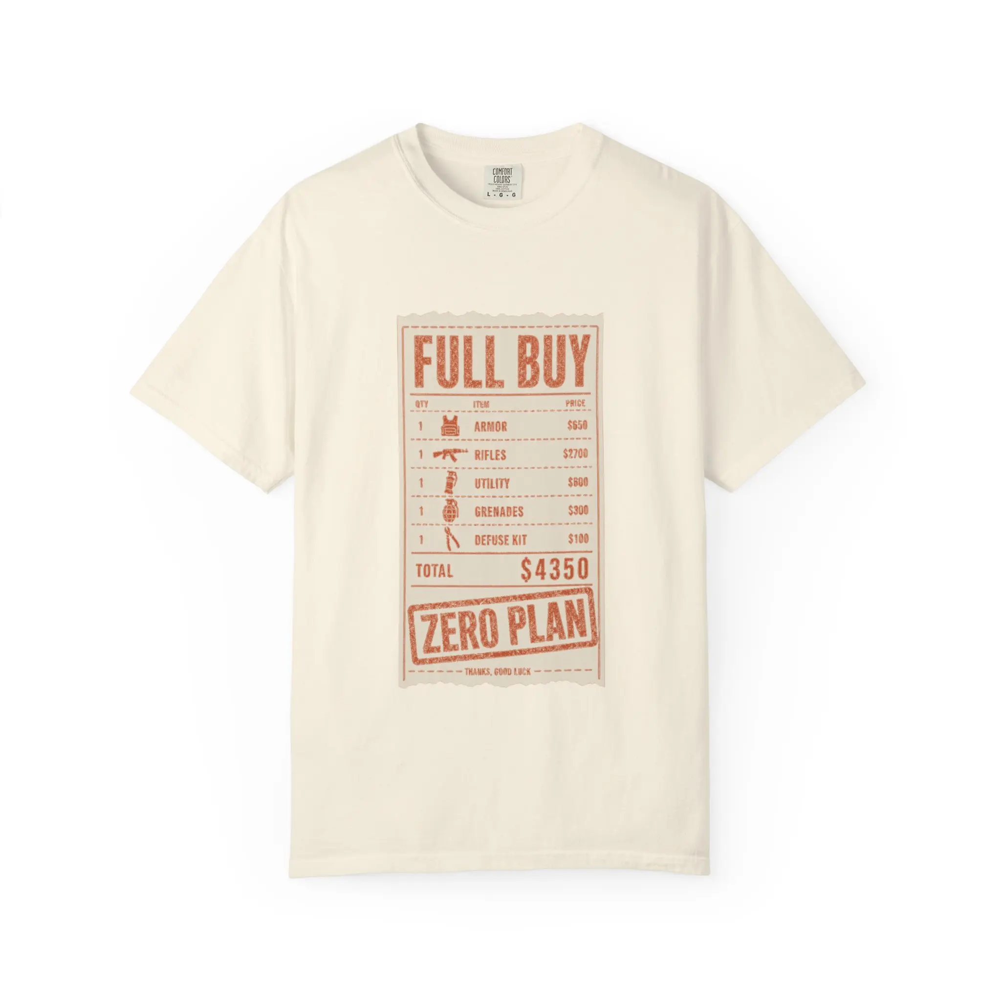Full Buy Zero Plan graphic T-shirt | Retro price checklist design