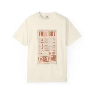 Full Buy Zero Plan graphic T-shirt | Retro price checklist design