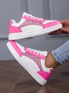 Women's Fashionable Colorblock Lace Up Low Top Skate Shoes, Casual Comfortable Sports Shoes for Daily Wear, Female All-match Round Toe Shoes for Spring & Fall, Sneaker