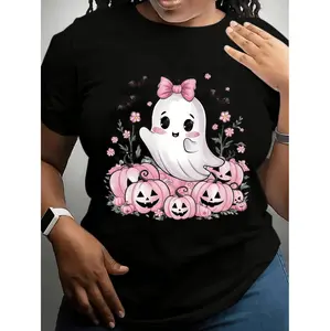 Plus Size Halloween T-Shirt for Women Featuring Adorable Ghosts Pumpkins and Floral Designs Ideal for Seasonal Outfits and Casual Fall Wear