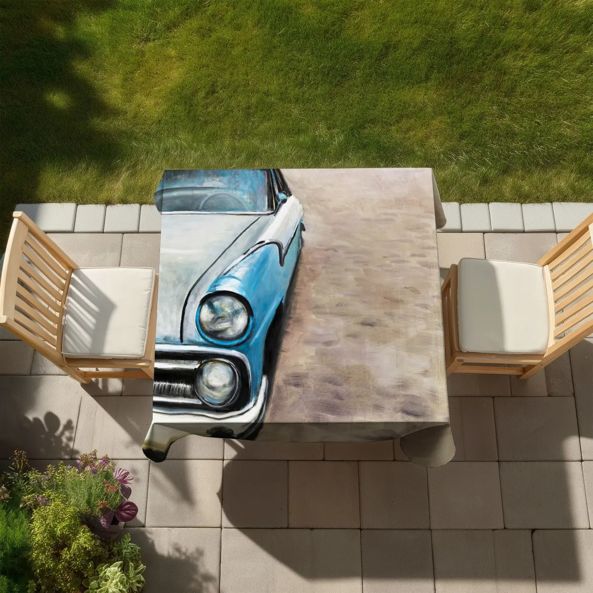360 stand Classic Car Print Tablecloth, C1TC5858GXXKJJ, 58x58 in, Blue, Retro Vibes, Vintage Appeal, Weatherproof, Easy Clean, Indoor-Outdoor Furniture Table Decor, Vintage Charm, Dining Table