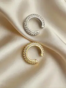 Trendy Punk Hip-Hop Silver Color Plated C-Shaped Copper Stud Earrings, Fashionable Huggie Earrings, Full Diamond Cubic Zirconia, Unisex High-Quality Fashion Jewelry