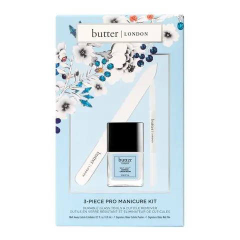 butter LONDON 3-Piece Pro Manicure Kit with Melt Away Cuticle Exfoliator, Signature Glass Cuticle Pusher & Signature Glass Nail File