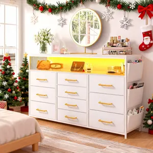 【24H Online Help】Raybee 10-Drawer Vanity LED Dresser with Side Pockets & Hooks, Modern Storage Cabinet with Wood Top, Fabric Drawers with Metal Frame, Space Saving Organizer for Small Apartments, Bedrooms, Dorm, Cute Cozy Home Decor,Easy Assembly