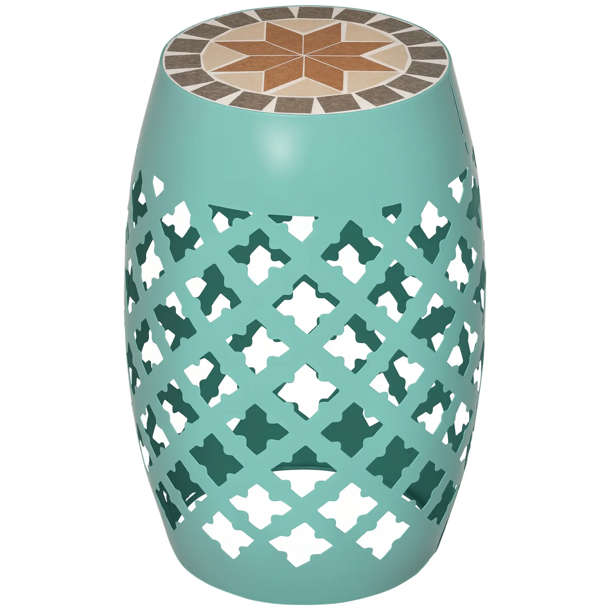 12" Patio Round Side Table – Outdoor Footstool, Garden Mosaic Accent Side Table. Ceramic Tile Top. Powder-Coated Steel Frame. 175 lbs Capacity. Blue