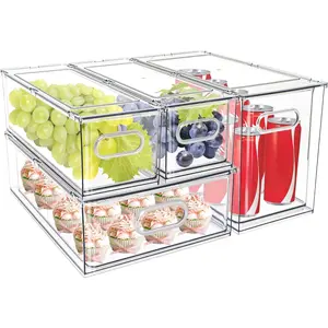 4 pack Stackable Fridge Drawers Pull-Out Bins Divided Produce Saver Containers for Refrigerator Storage Organizers for Veggie Fruit Berry Pantry Cabinet Makeup Clothes