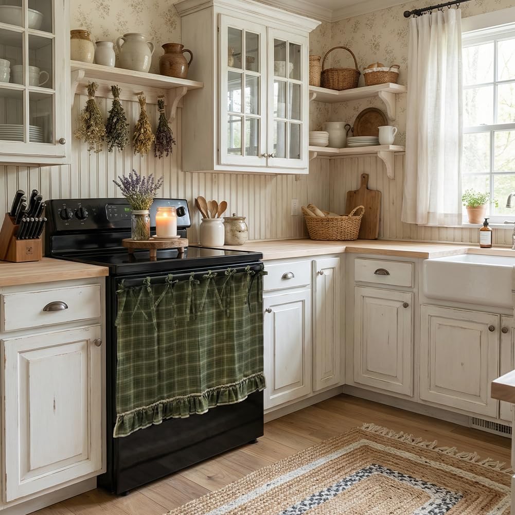 Handmade Oven Skirts Oven Skirt Curtain for Door, Oven Curtain Tie Top Farmhouse Kitchen Décor Heat-Resistant Effortless Install Hide Clutter for Oven,Dishwashers Washing Machine