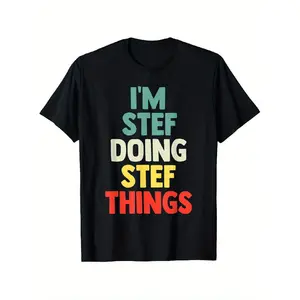 merch shirts IM STEF DOING STEF THINGS 's T-Shirt - 100% Cotton Bold "I'M STEF DOING STEF THINGS" Multicolor Vertical Lettering (Turquoise/Beige/Red/Yellow) - Casual Short Sleeve Round Neck Tee for Casual Attire, Vacation & Pop Culture Fans