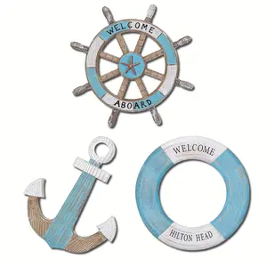 Wooden Nautical Theme Wall Decor, 3 Counts/set Wooden Anchor & Steering Wheel & Lifebuoy Wall Decor, Wall Art for Home Living Room Bedroom, Hanging Wall Art Decoration