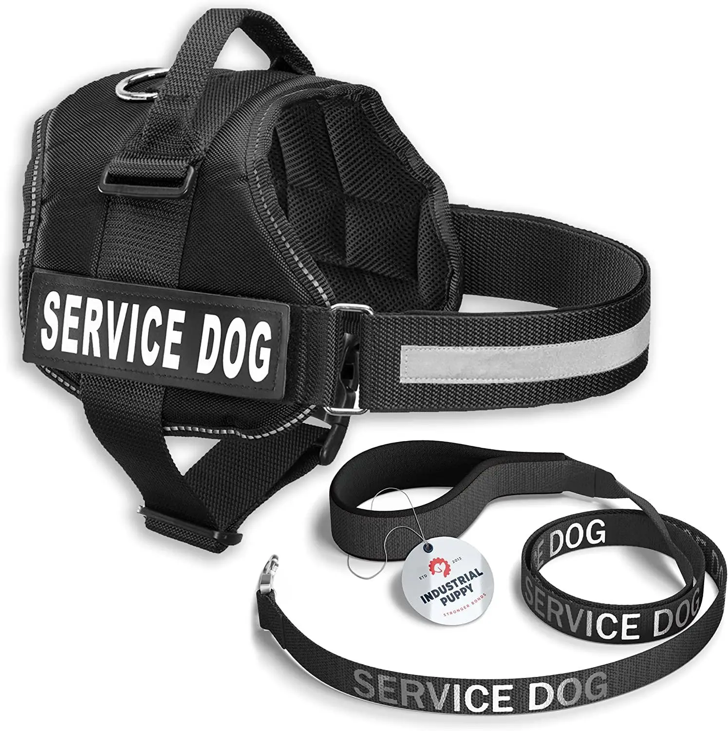 Industrial Puppy Service Dog Vest with Hook and Loop Straps & Matching Service Dog Leash Set - Harnesses from XXS to XXL - Harness Features Reflective Patch and Comfortable Mesh Design