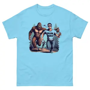 RUN BRO – Funny Bigfoot Chase Tee in Pastel Blue | STICKS 'N STONES™ Unisex classic tee