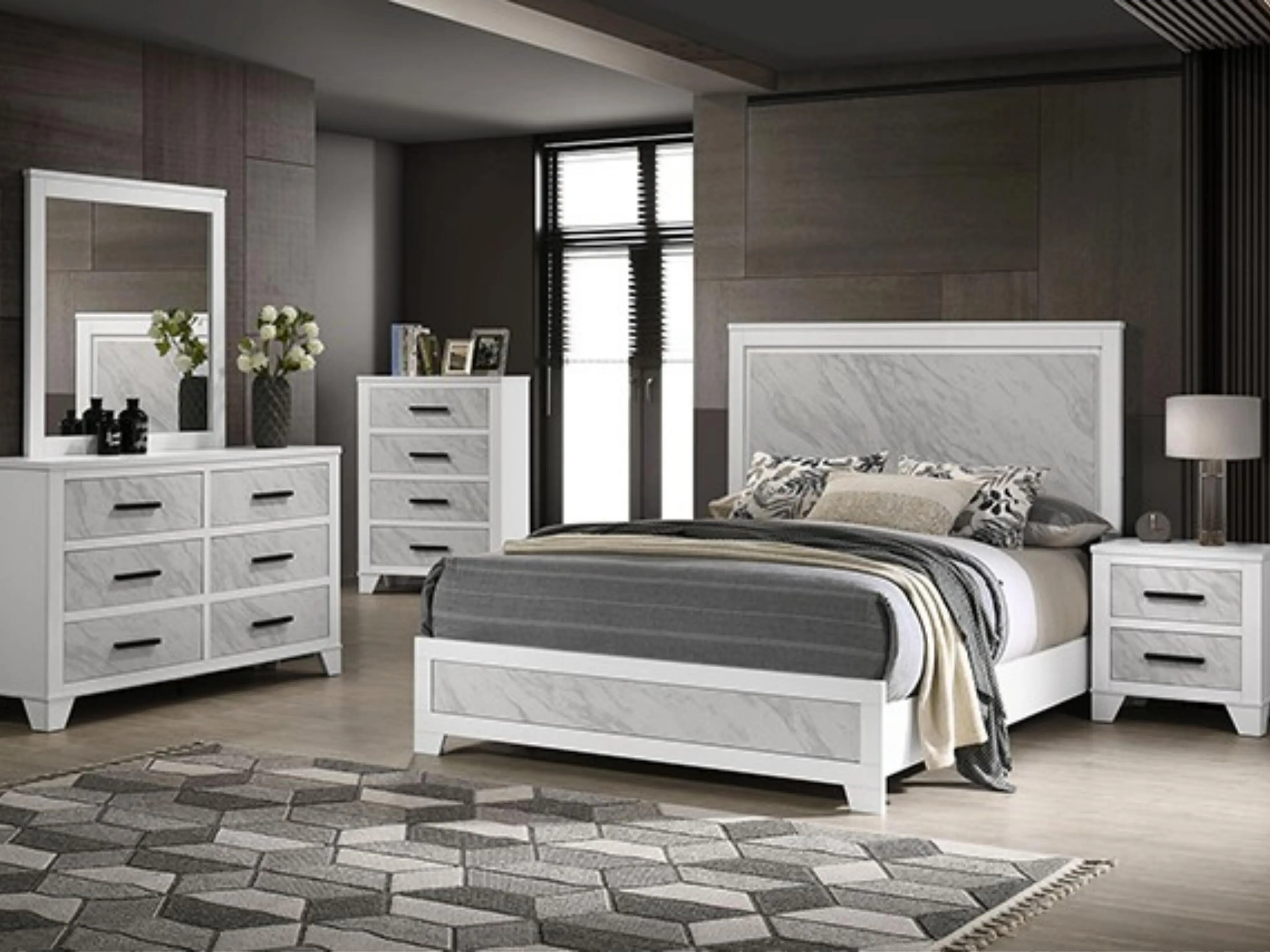 Darlene FM72018WH-4PC 4-Piece Queen Size Faux Marble Panel Headboard Bedroom Set, White & Grey Finish, Contemporary Matching Bedroom Furniture for Modern Decor, Matching Bedroom Sets