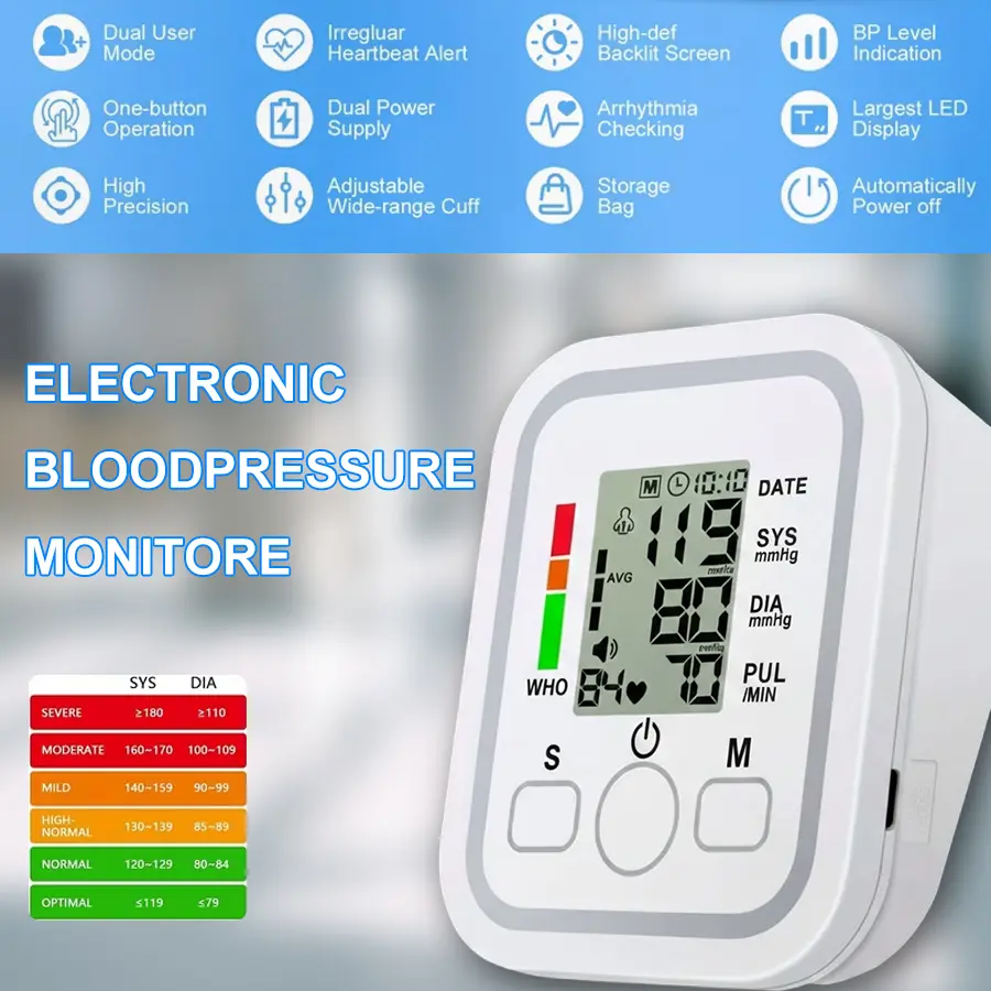 All-in-One Portable Blood Pressure Monitor Upper Arm, Large LCD Backlit Display, One-Touch Automatic BP Machine with Voice Broadcast & Hypertension Alert, 2x99 Memory, Adjustable Cuff for Home & Travel Use, Digital