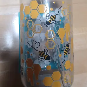 Honey Bee Glass Cup 16oz with Straw - Bee Design, Drinkware & Tumblers
