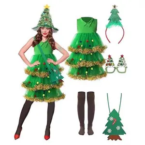Christmas Tree Costume Set Women's Christmas Costume Dress Hat Head Bags Glasses Frame Party Carnival Stage Performance Costume Dress Up Props Set