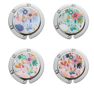 4 Pack 2D Flat Table Wallet Hooks, Foldable Handbag Organizer, Travel Halloween Christmas Decorative Hook, Unique Gift, Spring Flower Pattern