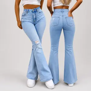 Women's High-Waist Stretchy Flare Jeans - Slim-Fit Bootcut Design, Soft Denim Fabric, Trendy Vintage-Inspired Look for Curves Shaping | Womenswear Bottoms