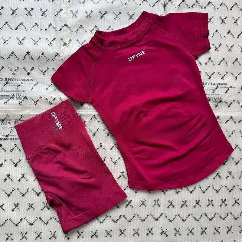 DFYNE Seamless Matching Workout Set High Waisted Biker Shorts Short Sleeve Tee Squat Proof Aesthetic Gym Two Piece Outfits Women Tummy Control Sculpting Athleisure Soft Sweatproof Breathable Fitness Summer Trending Tok Made Fast Shipping