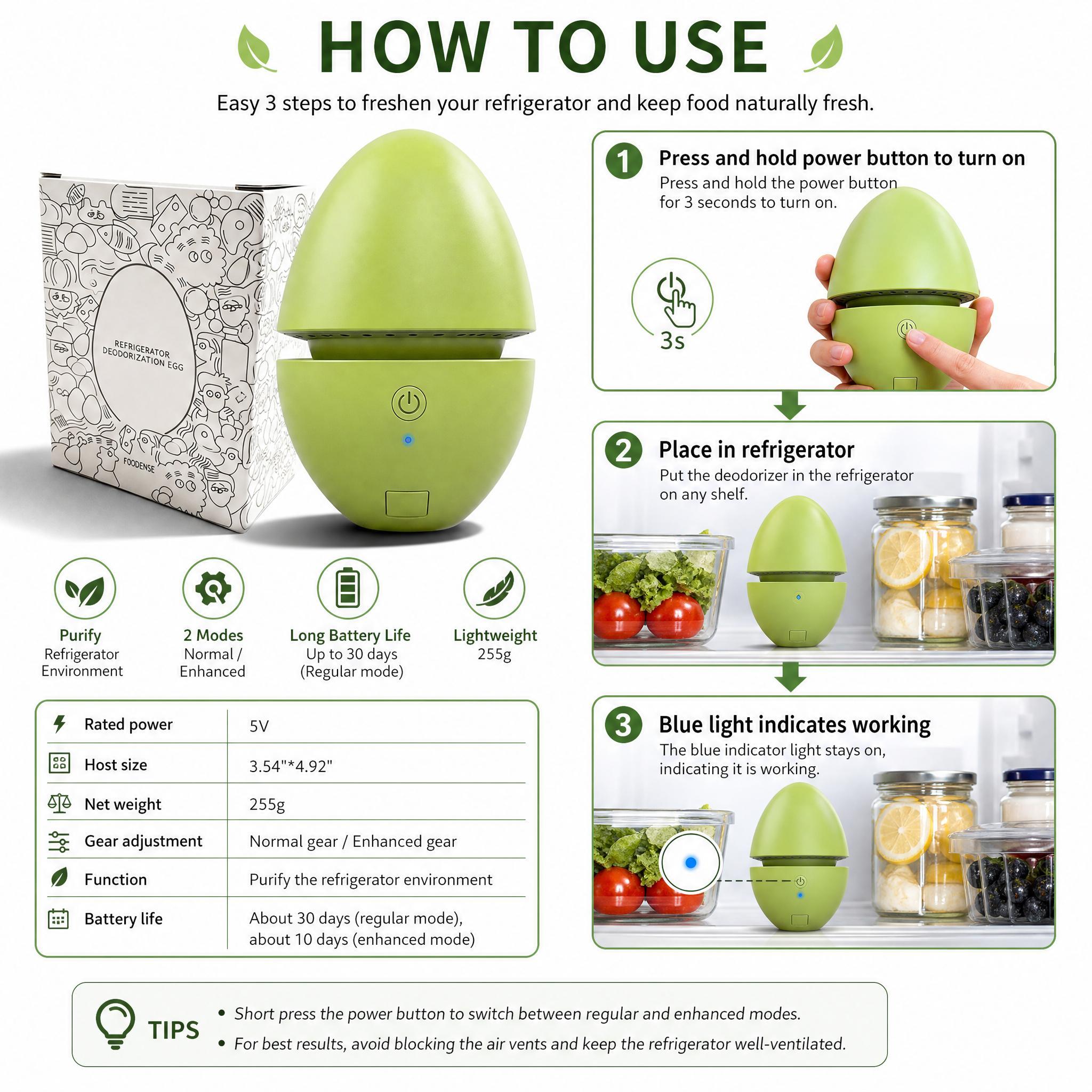 1 x Fridge Deodorizer Egg - USB Rechargeable Portable Purifier with Safe Food-Grade ABS Shell, Safety Design, USB Charging Cable, Original Gift Box, Eco-Friendly Compact Size, Extends Food Freshness, Eliminates Cross Smells for Produce Dairy Leftovers