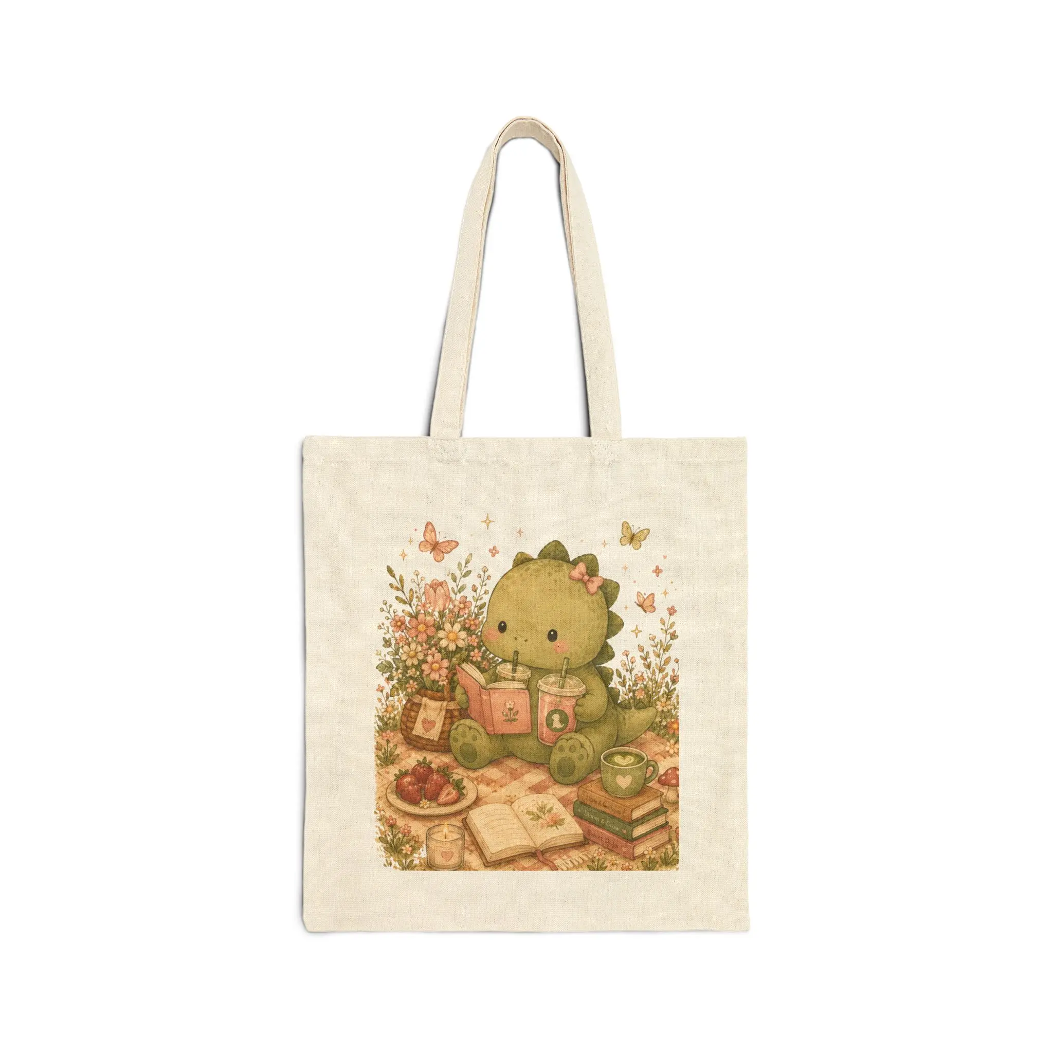 Kawaii Dinosaur Tote Bag, Casual Lightweight Open Top Canvas Shopper for Women with Double Handles for School, Library & Market