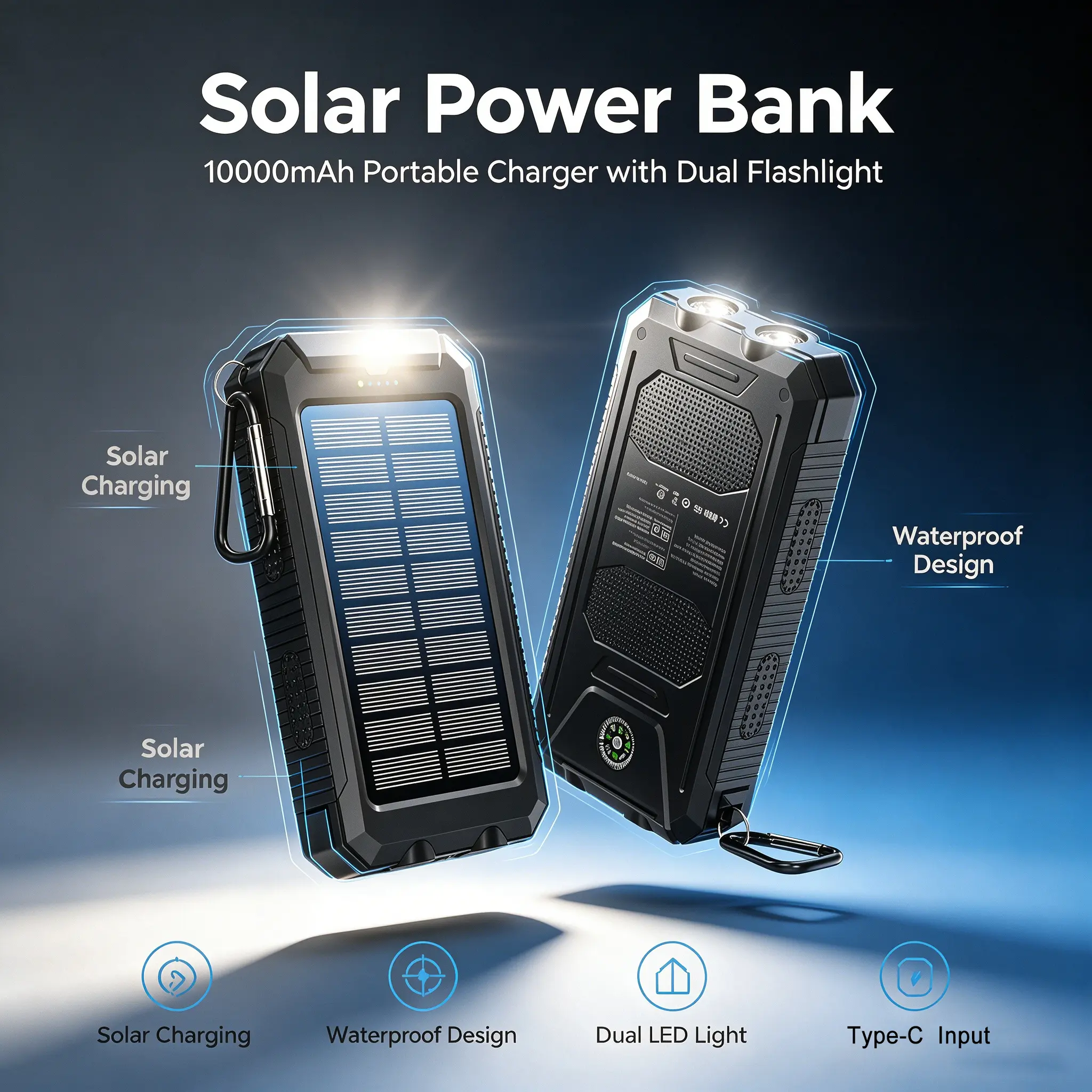 Solar Power Bank 10000mAh Portable Charger with Dual Flashlight Waterproof Design Solar Charging Type-C Input