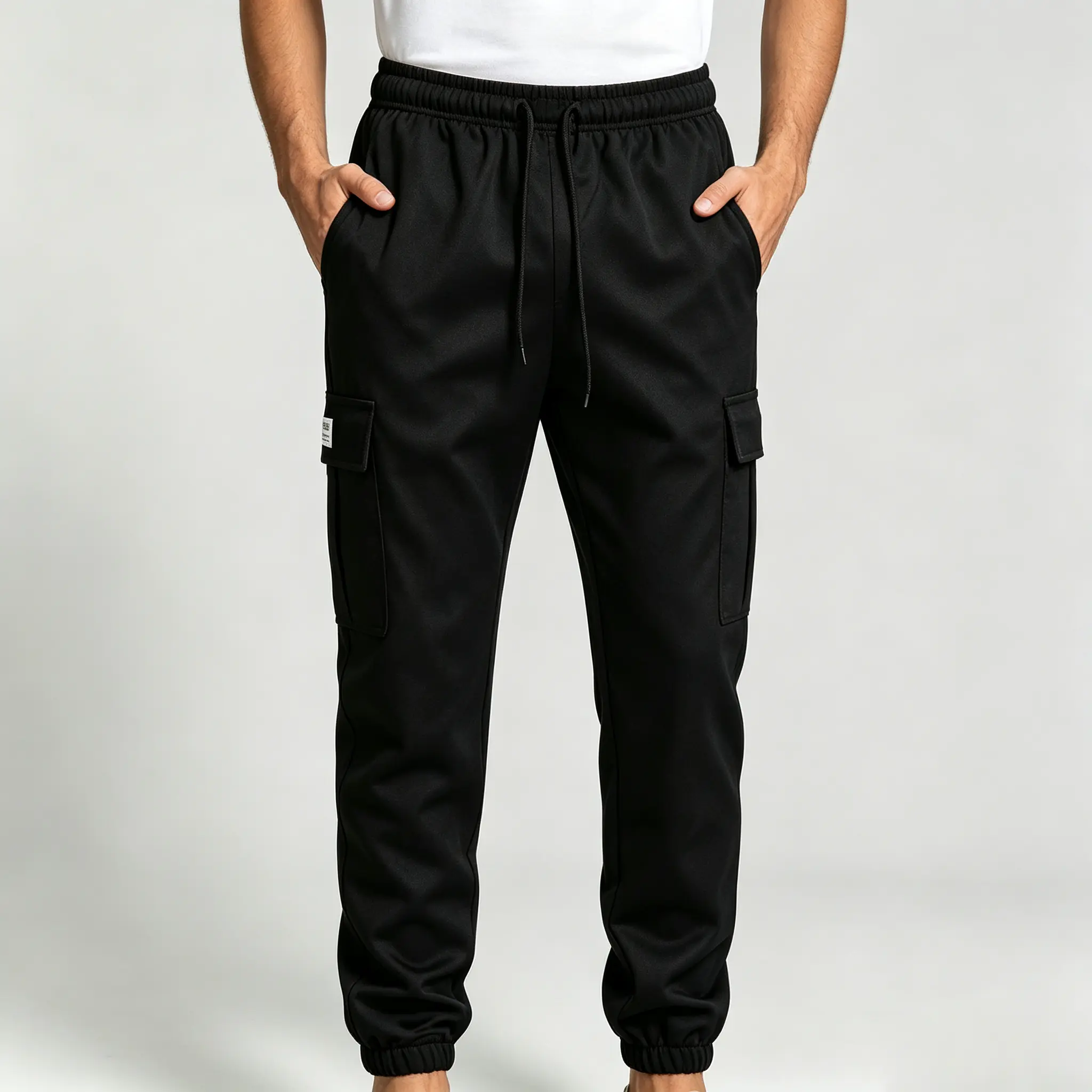 Men’s Spring/Autumn Plain Polyester Fiber Cargo Jogger Pants, Elastic Waistband with Elastic Drawcord, Multiple Pockets, Tapered Cuffs, Lightweight Smooth Outdoor Casual Wear street-style long pant