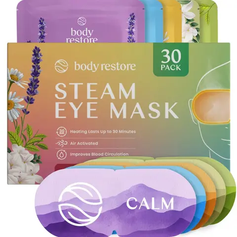 Body Restore Heatable Sleep Eye Mask 30-Pack for Adults - 5 Scents (Jasmine, Chamomile Calming), Botanical Extracts, Herbal Steam Pads, 30-Minute Warmth, Eye Care, Self-Care Night Routine Gift