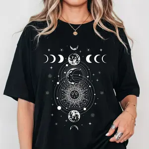 100% Cotton Celestial Moon Phase & Sun Graphic T-Shirt, Mystical Astrology Print Casual Tee, Boho Witchy Aesthetic Top, Soft Lightweight Summer Daily Streetwear