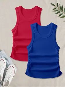 Women's Casual Breathable Fabric Sleeveless Vest Top Set, Tank Top, Fitted Side Elastic Design, Comfortable All Season Wear, Ideal Layering Piece