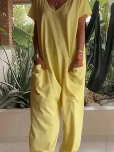 Boho Style Loose Fit Romper, Overalls, Low Rise Large Pockets, Casual Pants, Comfortable and Stylish, Perfect for Daily Wear