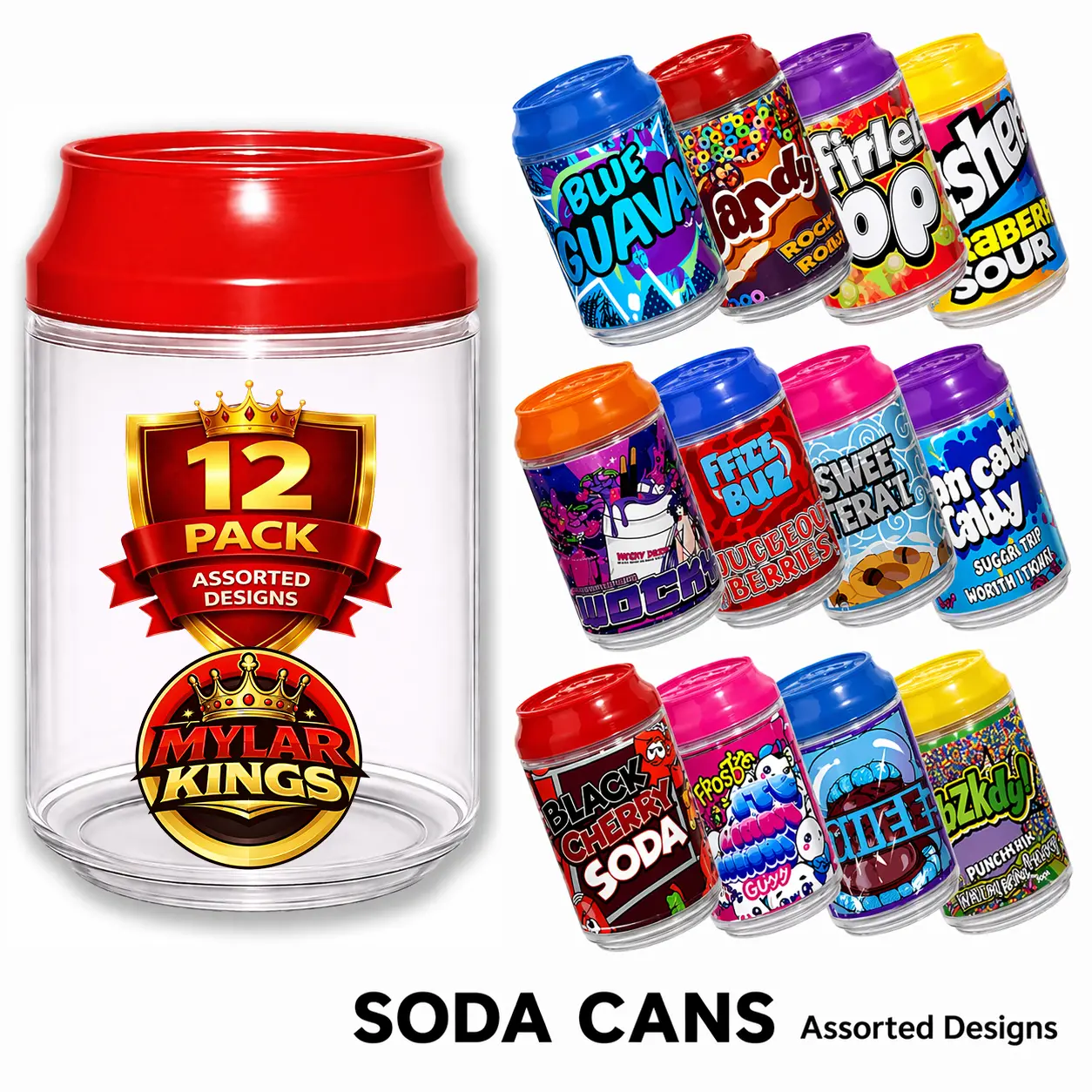 12 Pack Soda Can Style Plastic (1.5"x 3") Storage Containers with Lids Mystery Assorted Designs