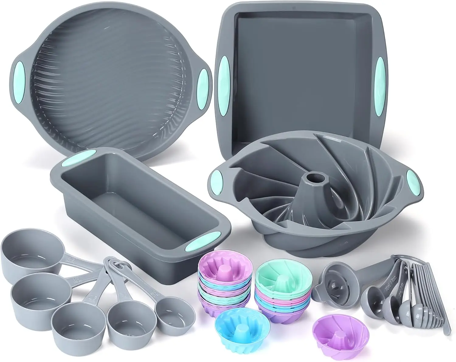 45 count  Bakeware Set, Heat Resistant Baking Pans, Nonstick Baking Molds for Cake, Bread and Cupcake, with Measuring Cups and Spoons Set, Light Grey