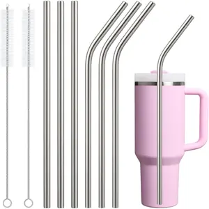 6 Pack Stainless Steel Straw  for  40 oz 30 oz Tumbler,3 Straight + 3 Curved   Metal Straws with Cleaning Brush, 12Inch Long Drinking  Accessories