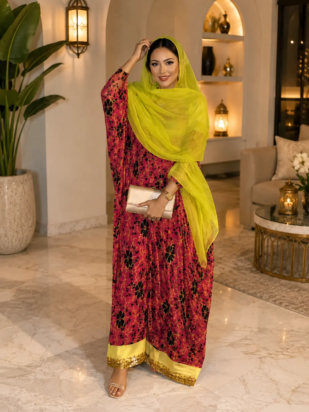 Somali Dirac Set Pink & Gold Floral Print with Lime Green Luxury Traditional Attire