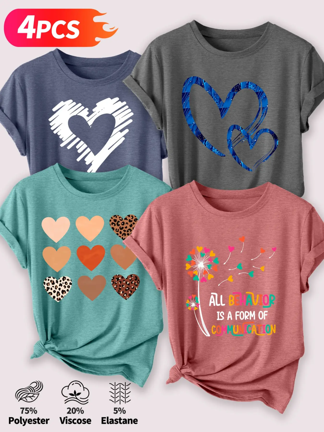 Women's 4-Pack Casual Fitted Short-Sleeve Crew Neck T-Shirt, Colorful Heart & Slogan Print, Multiple Colors Available, Machine Washable, Spring & Summer Top, Soft Skin-Friendly Fabric, Daily Versatile, Fashion Design, Womenswear, Casual Summer Tees