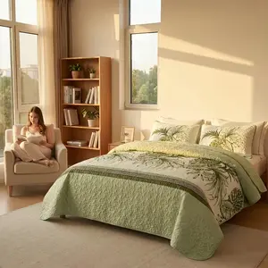 3PCS Tropical Palm Leaf Quilt Bedding King Size - Light Green Reversible Bedspread Suitable for Bedrooms, Dormitories, And Guest Rooms, with Machine Washable Decorative Bedding