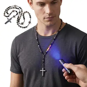 Natural Obsidian Yooperlite Rosary UV Reactive Protection Hematite Stone Cross Pendant for her, for him necklace Fashionable Collarbone Chain elegant rhinestone gift sparkly Adjustable Heart Rate Couples Set Day woman party Daily Bible Verse daughter